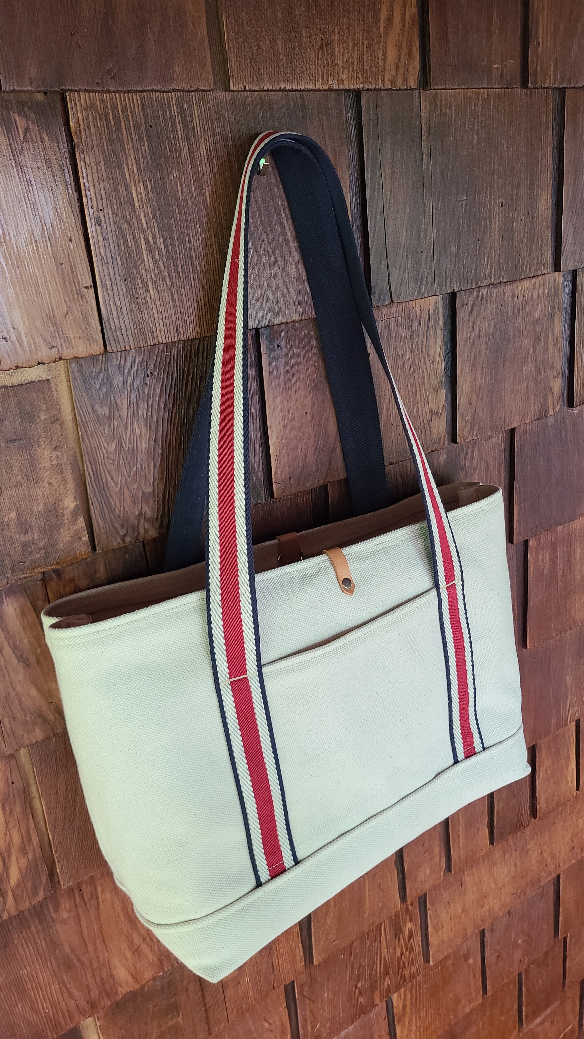 Sturdy Canvas Tote - Red, White & Blue Webbing – The Beebe